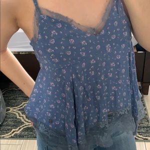 Blue floral print tank top blouse (: